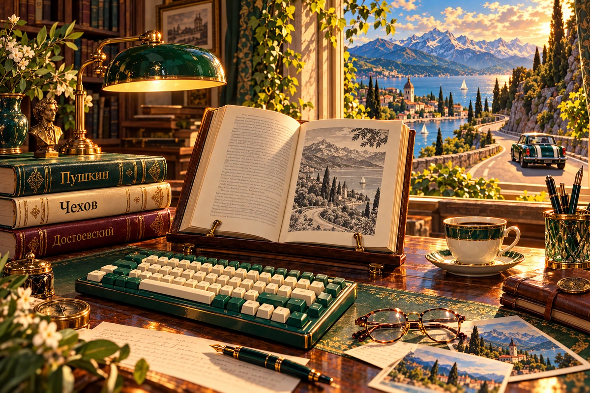 Книги Пушкина, Чехова и Достоевского рядом с раскрытой книгой и клавиатурой